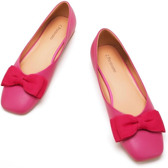 Women's Dark Pink Leather Square Toe Flats Ballet Loafers Layered Bow Shoes